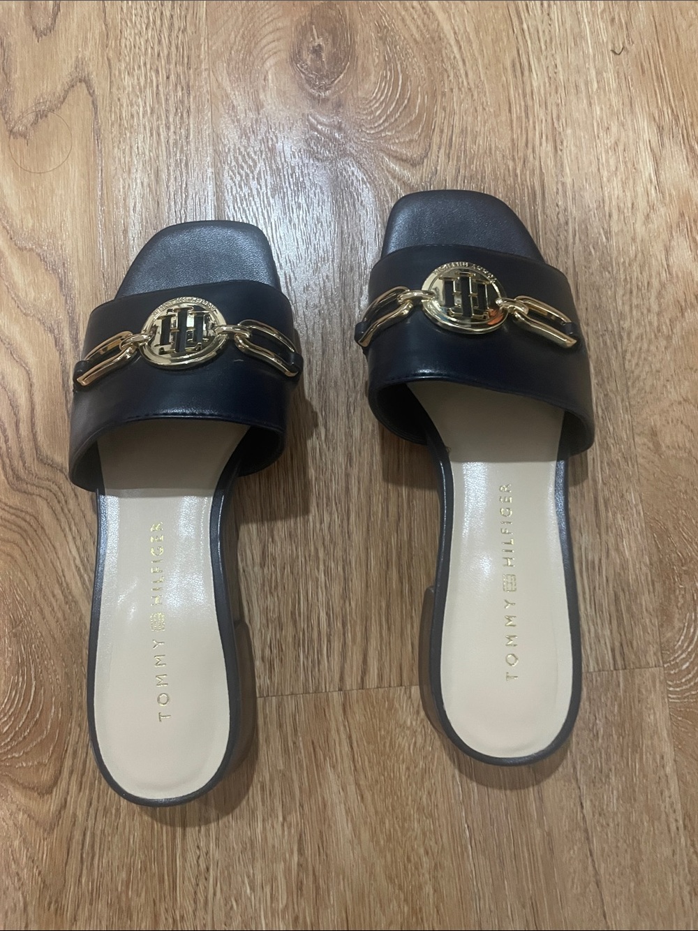 Tommy Hilfiger Black Leather Slide Mules with Gold Chain Logo